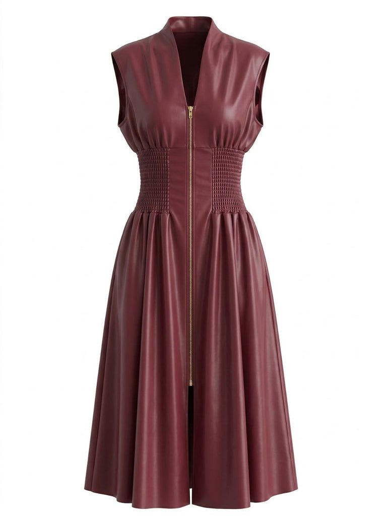 Bordeaux Faux Cuir Manches Courtes Waisted Robe Années 1940 2