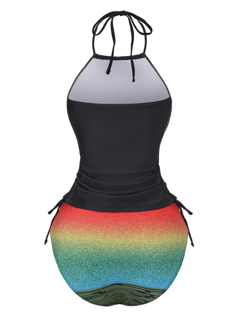 Maillot de bain tankini tie-dye noir à motif palmiers au coucher du soleil années 1940