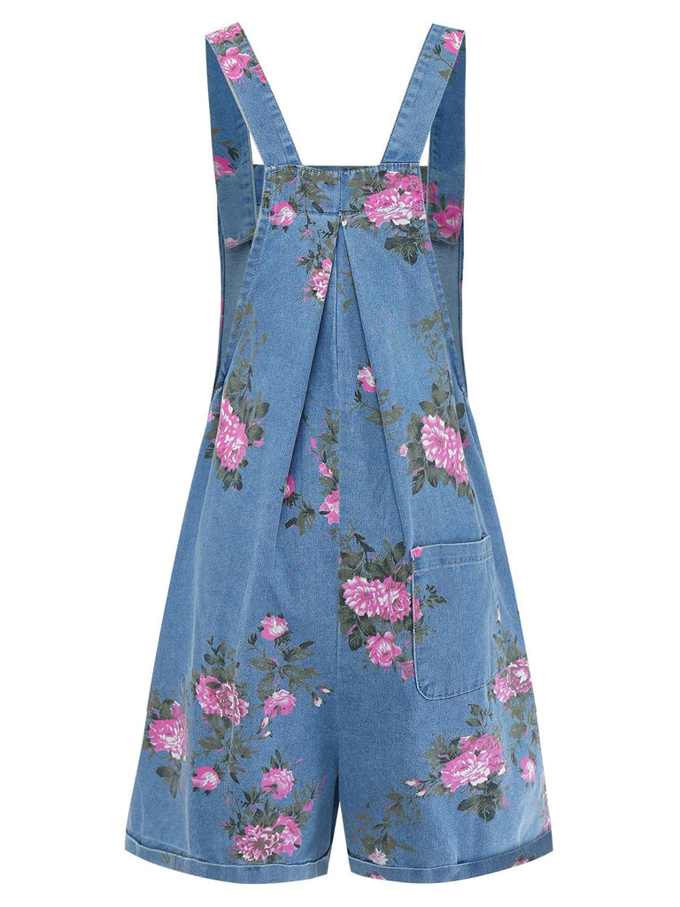 Combishort Bleue Jean Fleurs Bretelles Larges Années 1960