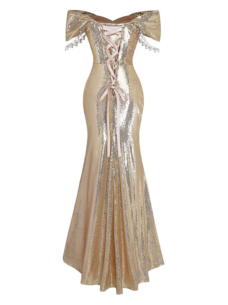 Robe de soirée dorée sequins épaules dénudées années 1980
