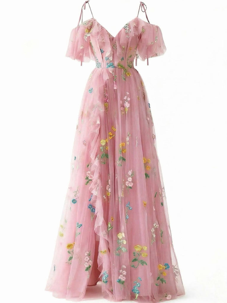 [Prévente] Robe fendue en tulle Lac Verte brodé de fleurs années 1970