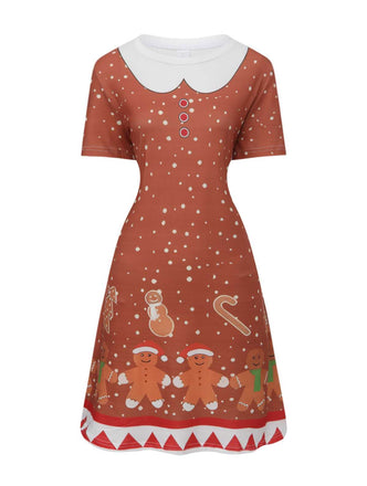 Robe trapèze de Noël motif bonhomme en pain d'épice années 1960