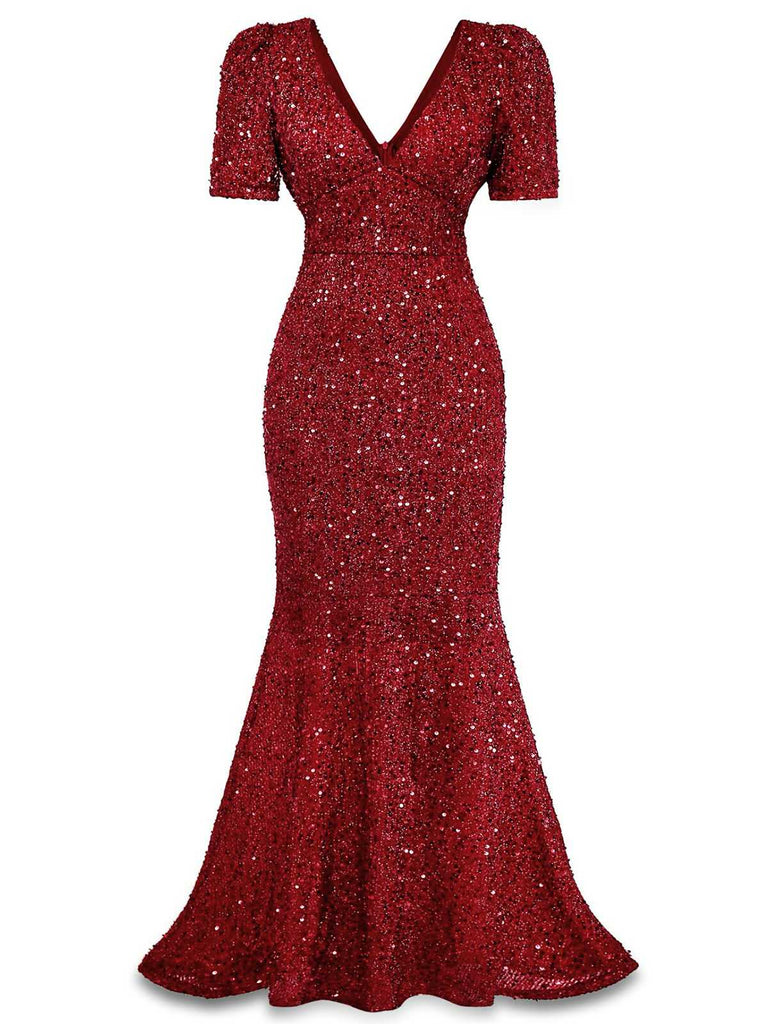 Robe sirène longue à paillettes et nœud rouge vin années 30