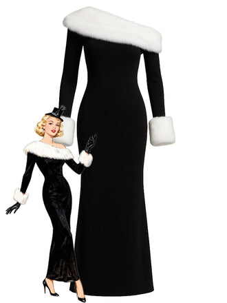 Robe maxi noire à une épaule et bordure en fourrure années 1980