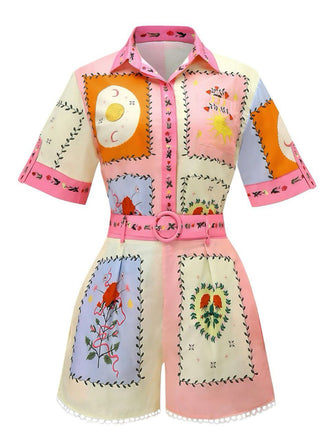 2PCS Chemise et short ceinturé fleuri bohème multicolore des années 1970