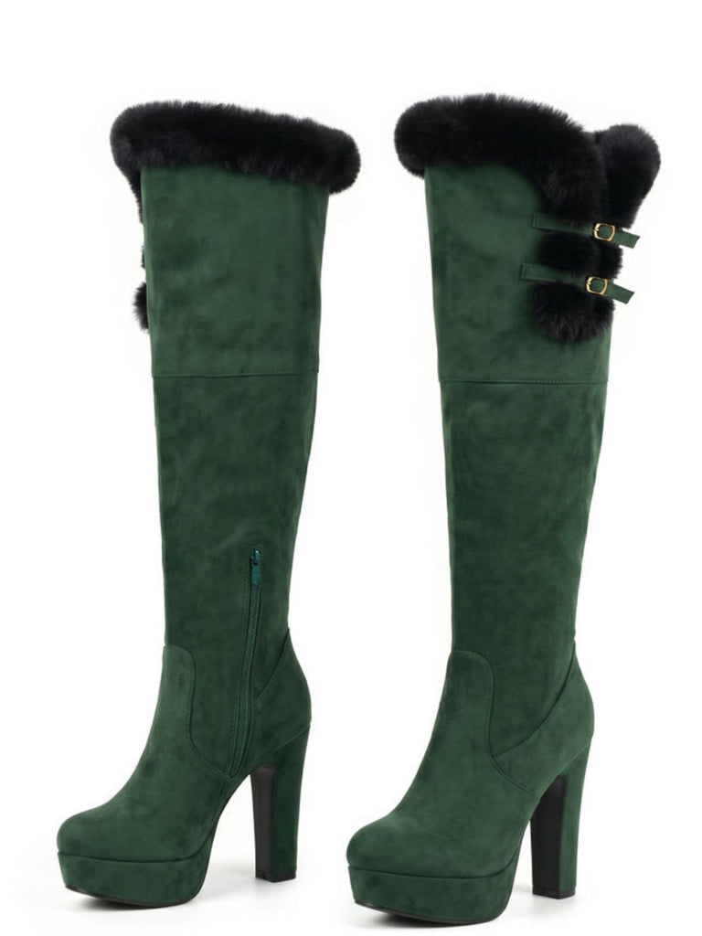 Cuissardes à Talon Aiguille, Boucle et Bordure en Fausse Fourrure à Finition Floquée - 4