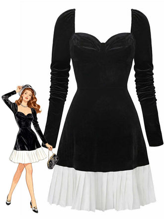 Robe col cœur et ourlet plissé en velours noir et blanc contrastée années 60