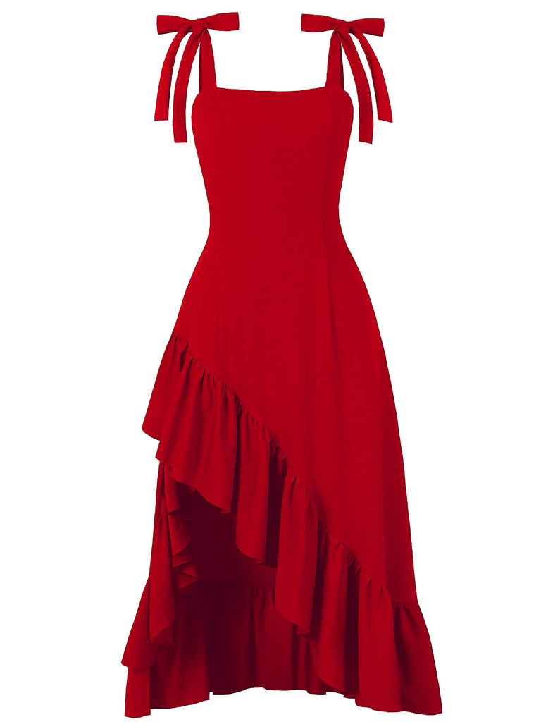 Robe à bretelles fendue ourlet volanté couleur uni des années 1930