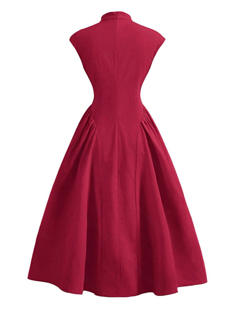 Robe À Ligne A Rouge Manches Courtes Col Montant Années 50