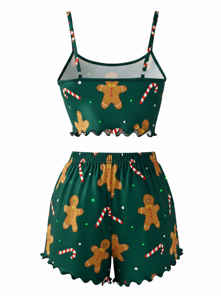 Ensemble pyjama en satin verte à pain d'épice et bonbons années 1970