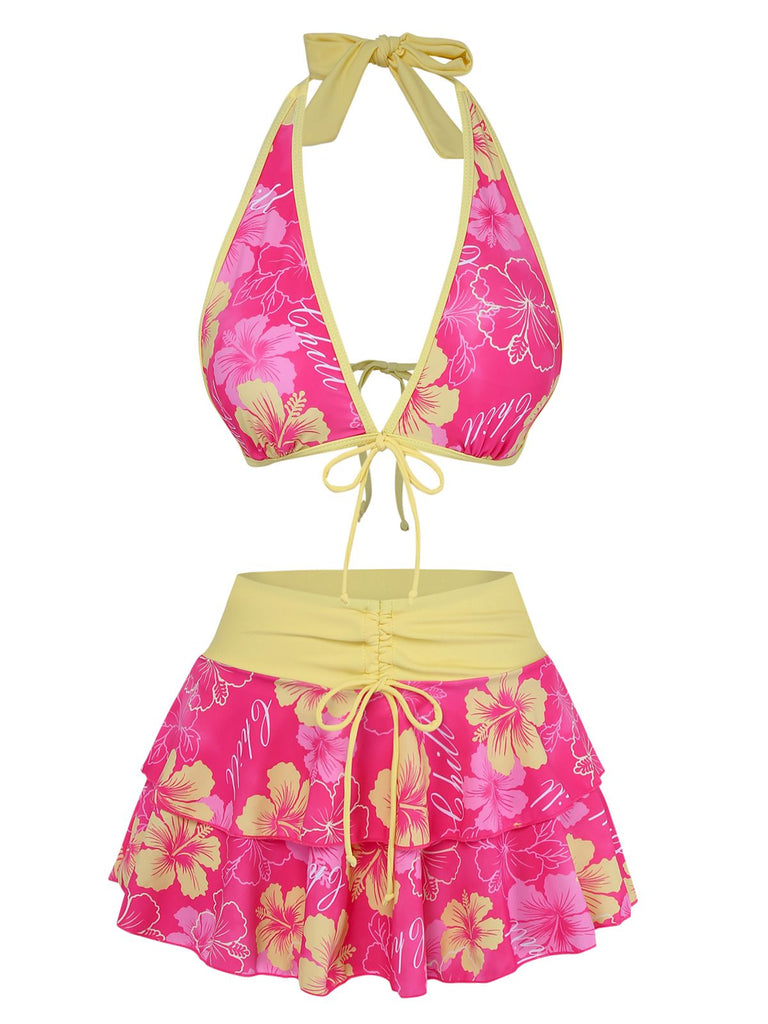 Bikini marron imprimé floral volanté années 1960