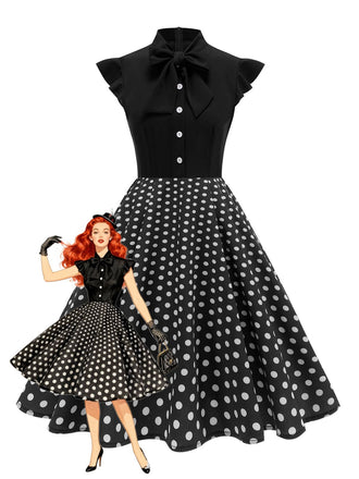 Robe noire trapèze à pois col nœud manches cape années 1950