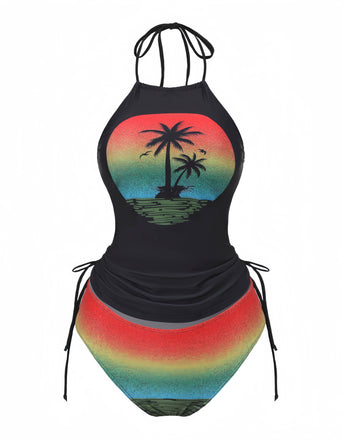Maillot de bain tankini tie-dye noir à motif palmiers au coucher du soleil années 1940