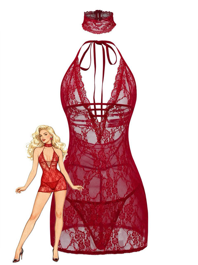 Nuisette sexy en dentelle dos nu à col en V années 1980