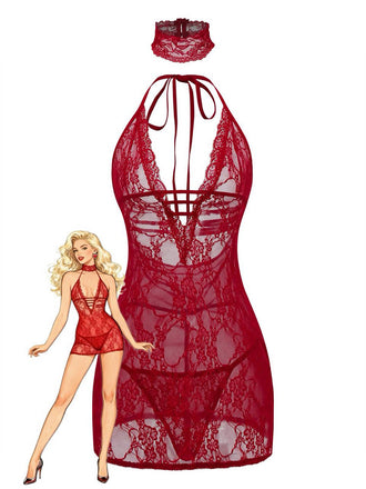 Nuisette sexy en dentelle dos nu à col en V années 1980