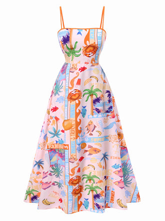 Robe longue à bretelles multicolore motif vie marine des années 1970