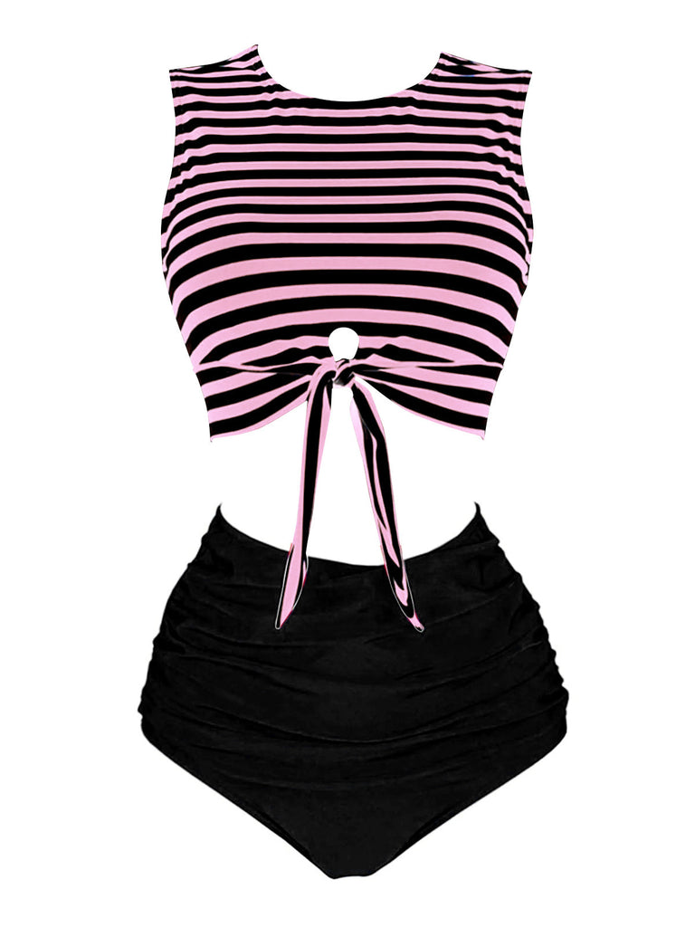 Maillot de bain à rayures à lacets violette des années 1970
