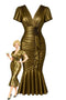 Robe sirène 3d floral texturé métallisé taille cintrée doré des années 1930