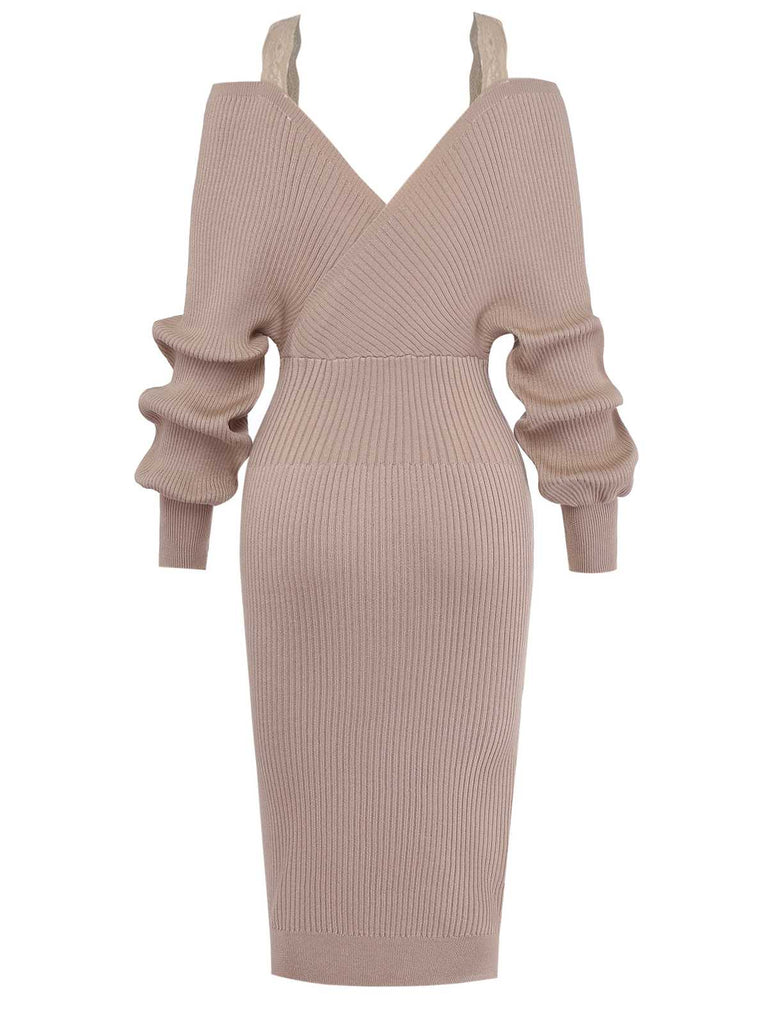 Robe Tricot Kaki Épaules Dénudées Dentelle Fente Années 1960