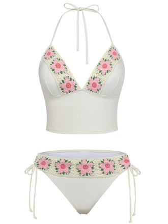 Ensemble Bikini Taille Haute Fleurs Brodées Artisanal Années 50