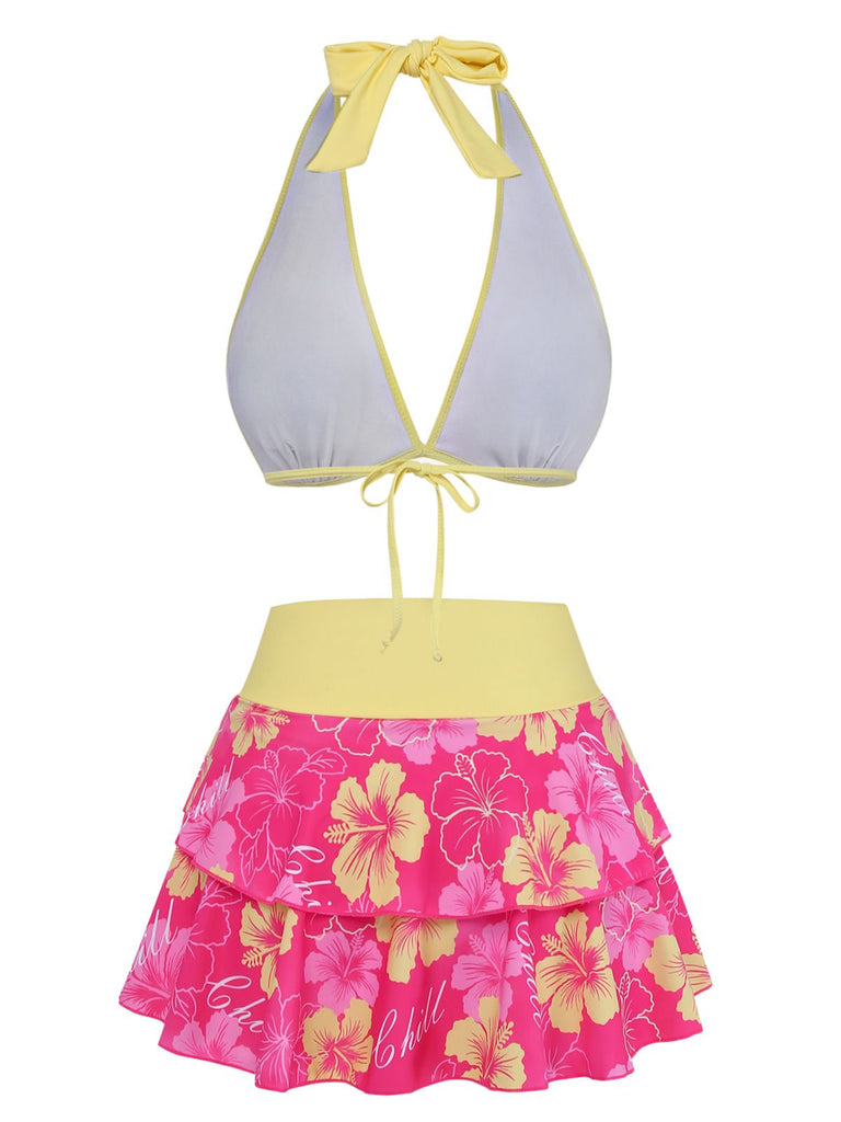 Bikini marron imprimé floral volanté années 1960