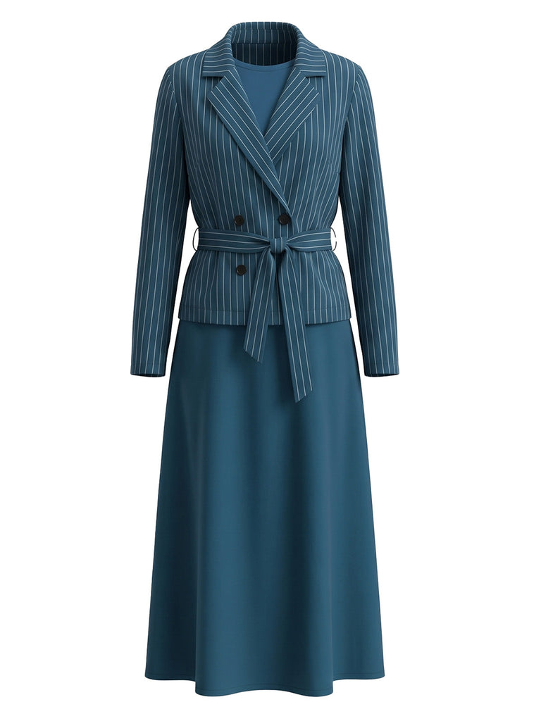 Ensemble 2 pièces blazer à fines rayures et robe midi trapèze Années 1940 - 9
