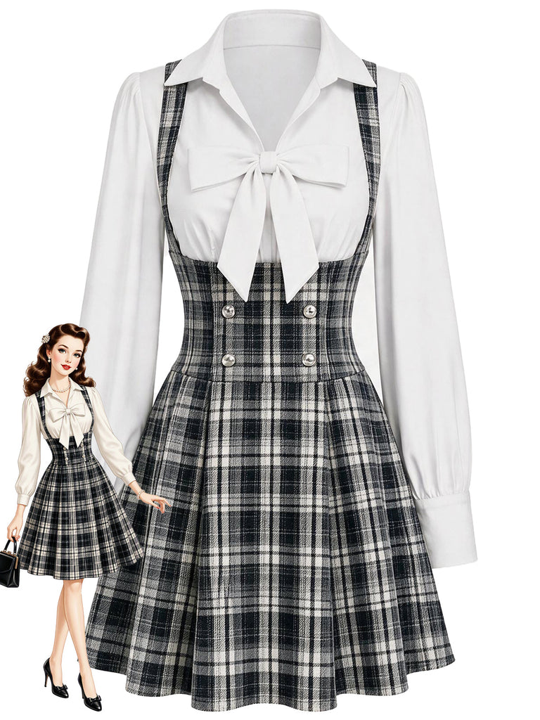 [Prévente] Ensemble 2 pièces blouse blanche à col revers et nœud et jupe à bretelles à carreaux Années 1940 - 1