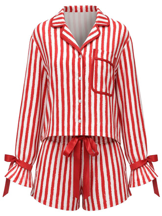 [Prévente] Ensemble pyjama avec short à rayures verticales rouges et blanches et rubans Années 1950 - 1