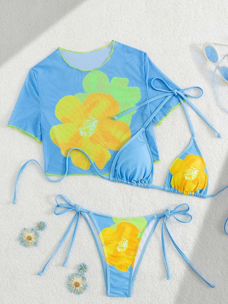 3PCS Ciel Bleu Floral Ensemble Bikini & Haut Court Années 1960 4