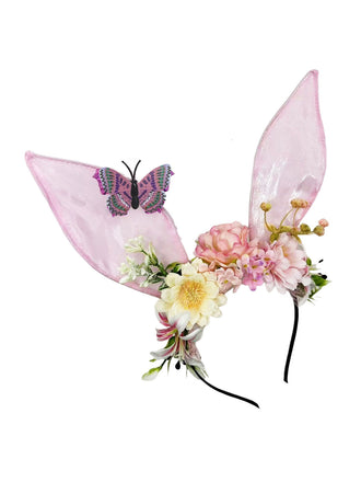 Whimsical pink fairycore headband with sheer bunny ears, silk flowers, and a purple butterfly accent.