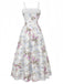 Rear view of the floral A-line dress showcasing the high-back design and seamless floral pattern.