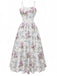 Front studio view of the white floral midi dress highlighting the structured bodice and full flared skirt.