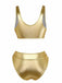 Back view of the metallic gold bikini set showing the full-coverage bottoms and thick top straps.