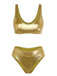 Full front studio view of the shimmering gold scoop neck bikini top and matching high-waisted bottoms.