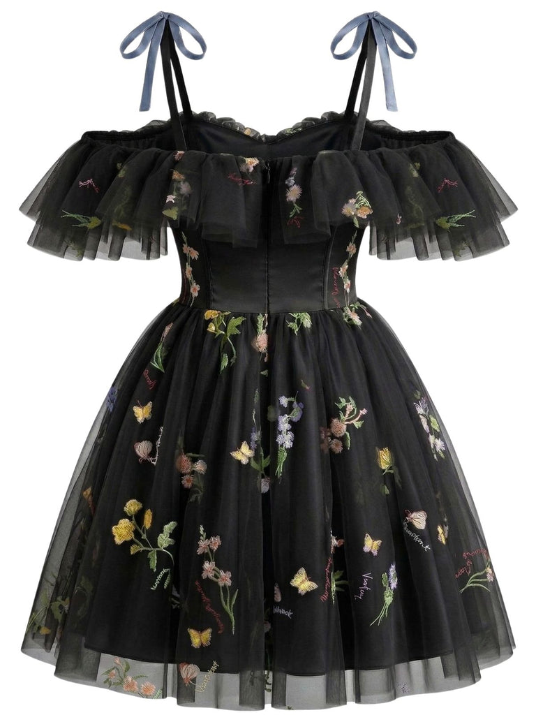 Épaules Dénudées Floral Brodé Filet Robe Années 1950 6