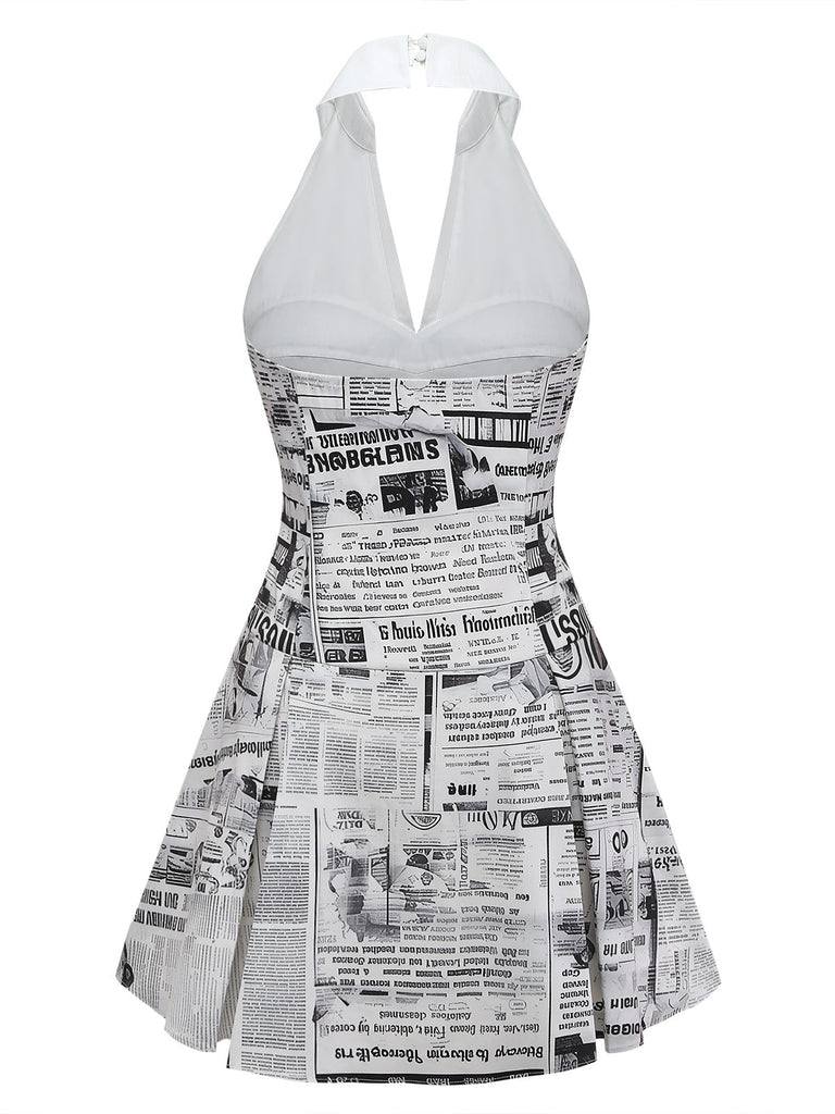 [Prévente] Gris Journal Imprimé Halter Col V Robe Années 1960 4