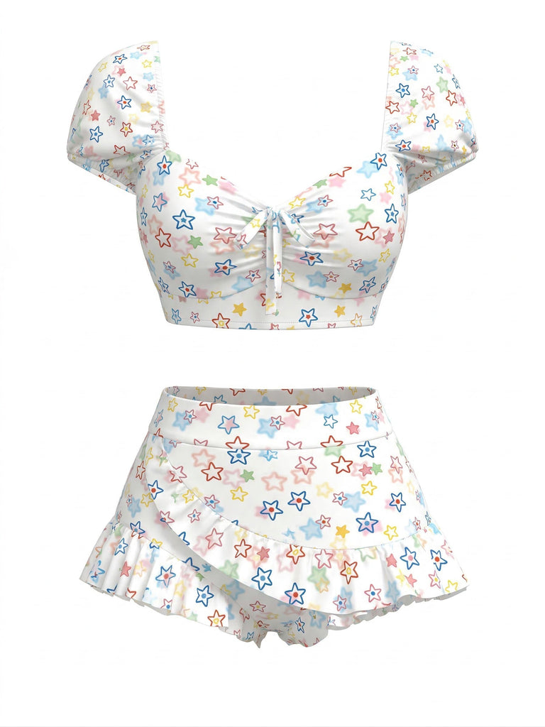 Ensemble tankini multicolore à carreaux vichy bouffants années 1970