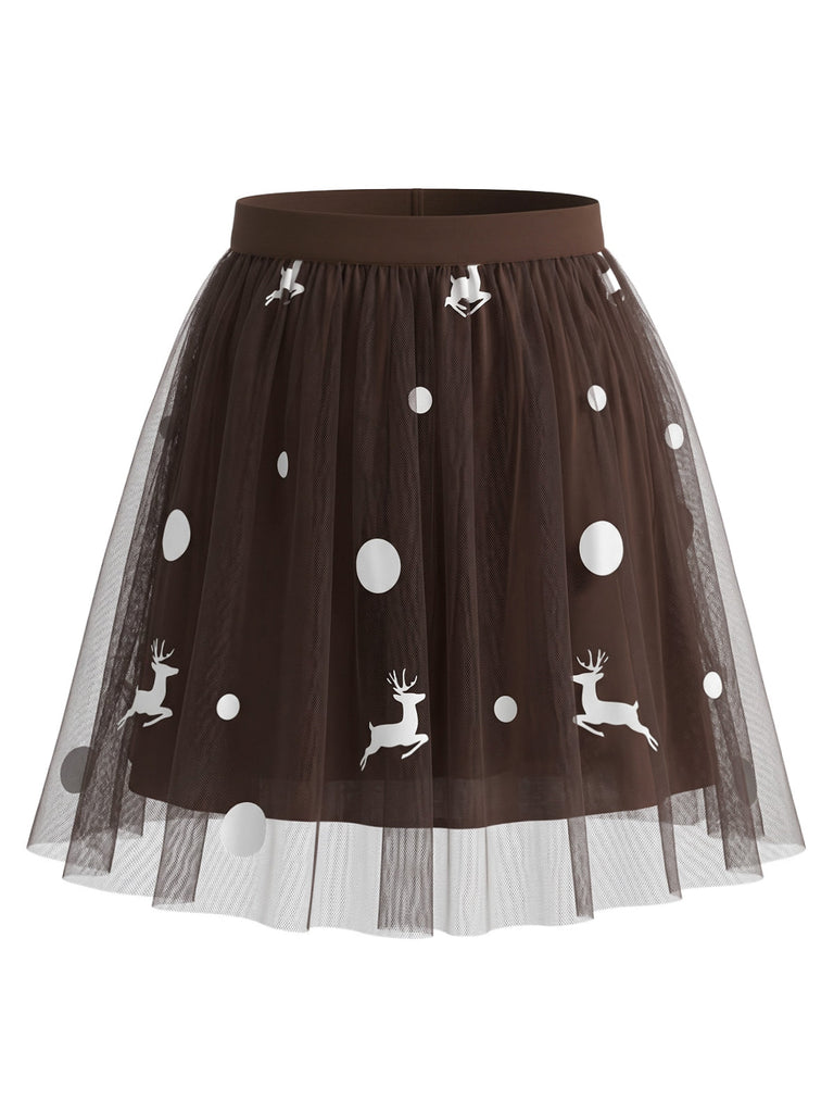 Jupe de Noël marron en tulle à pois et rennes Années 1960 - 2
