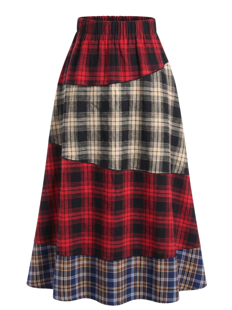 Jupe longue à carreaux patchwork et taille élastique Années 1940 - 1