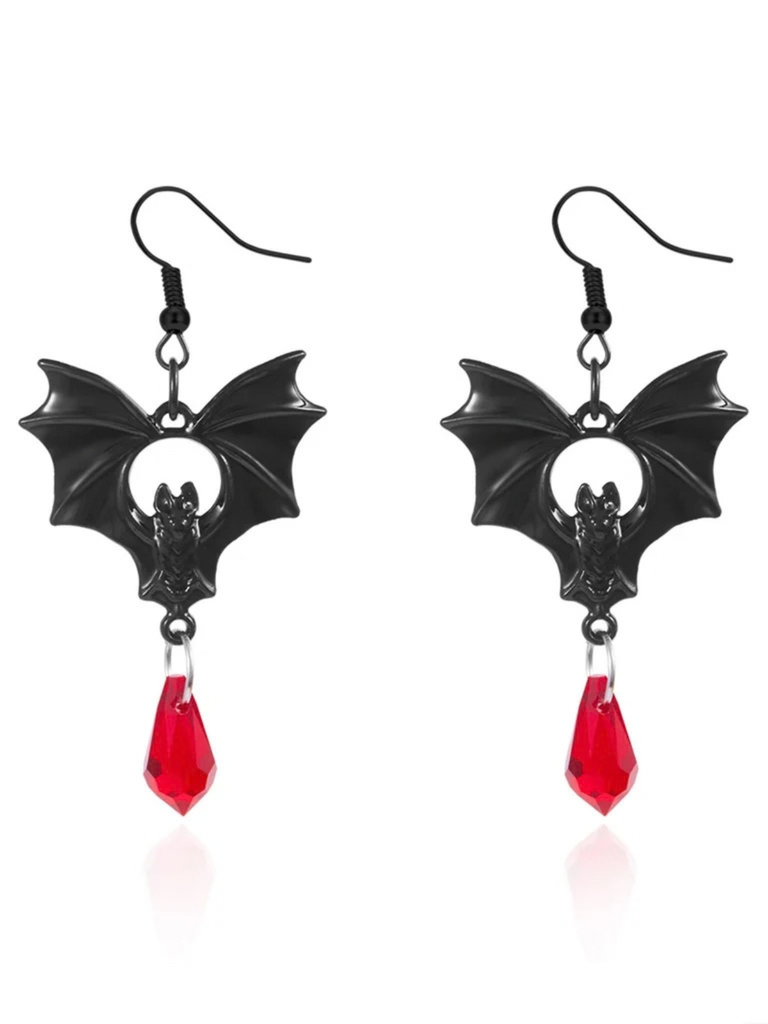 Boucles d'oreilles pendantes gothiques chauve-souris noire et cristal rouge
