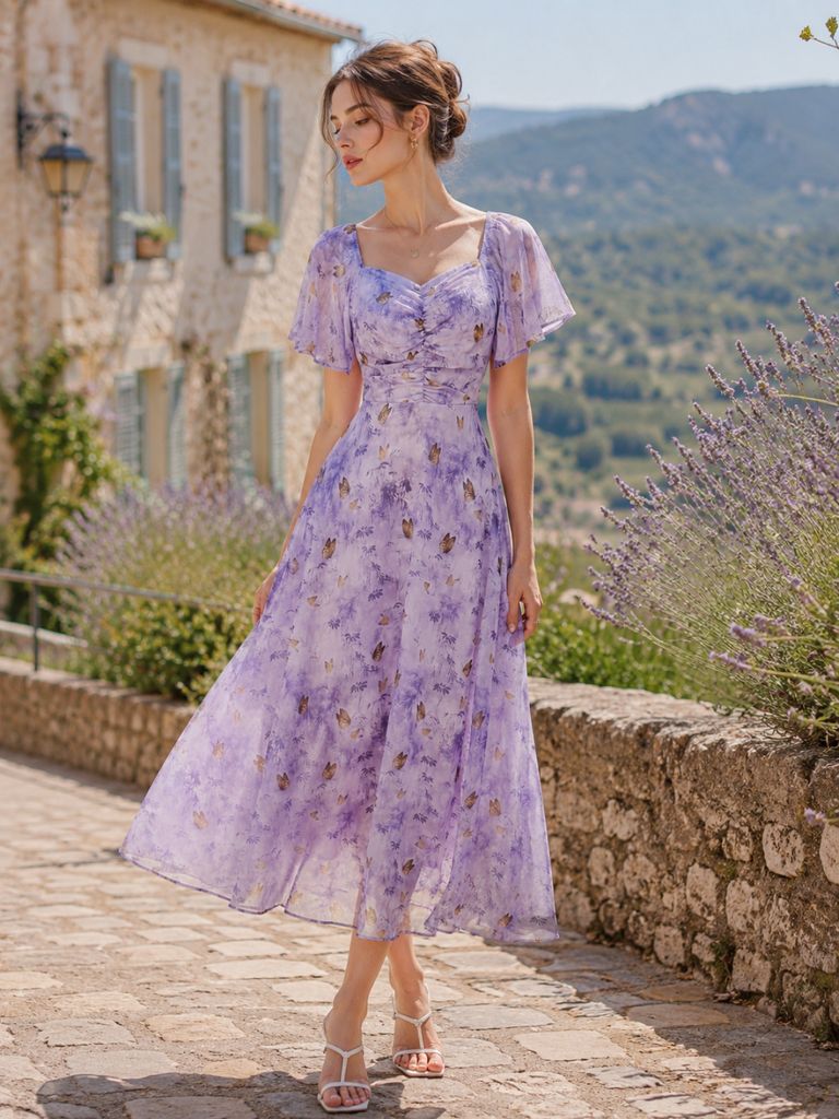 Robe jaune mousseline à manches papillon années 1930