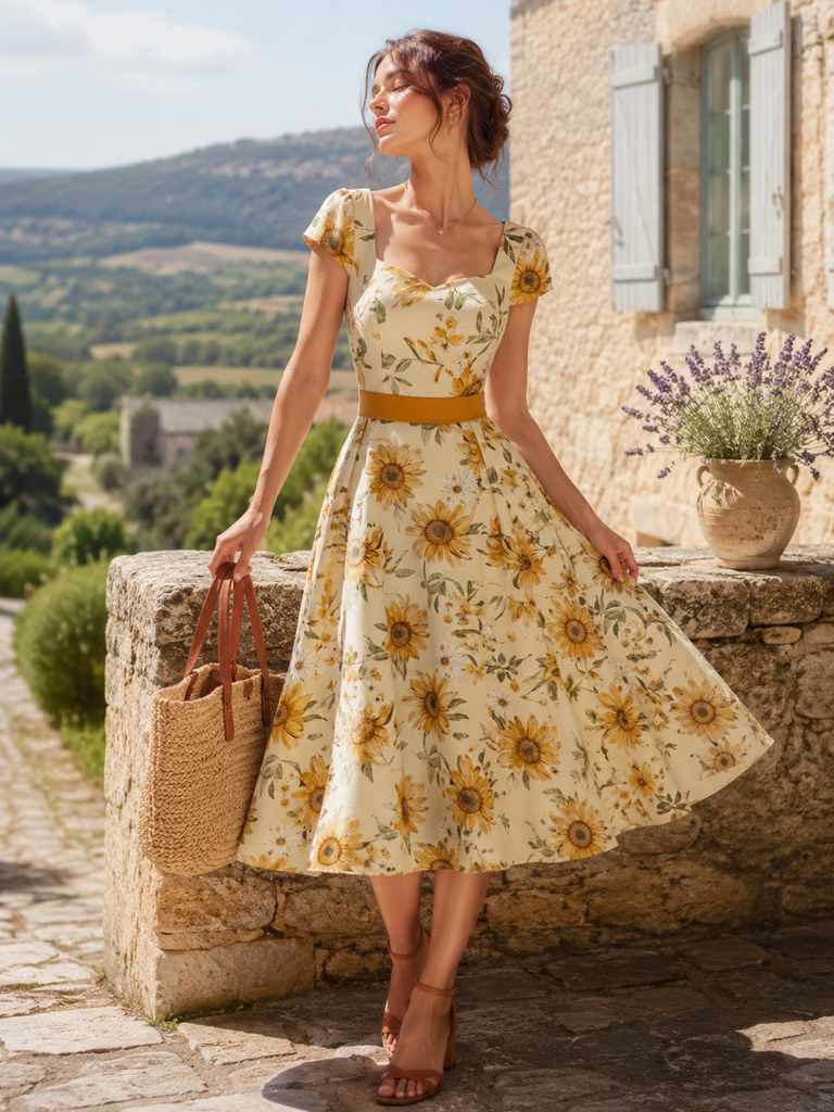 [Prévente] Robe orange motif tournesols et encolure cœur années 50
