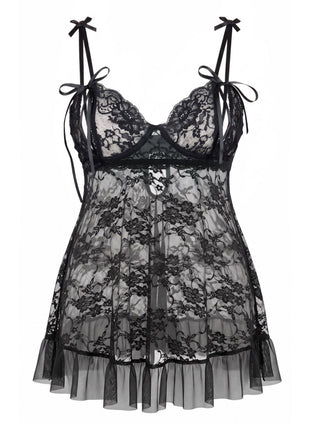 [Grande Taille] Lingerie Babydoll Noire à Dentelle et Bretelles à Nœuds Années 1950 - 2