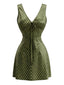 Mini-robe pois col V satin couleur chartreuse années 1970