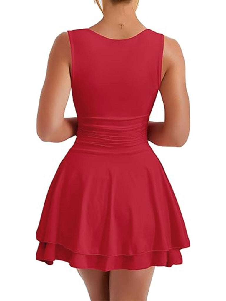 Rear view of a model wearing the red tiered mini dress, highlighting the clean sleeveless lines.