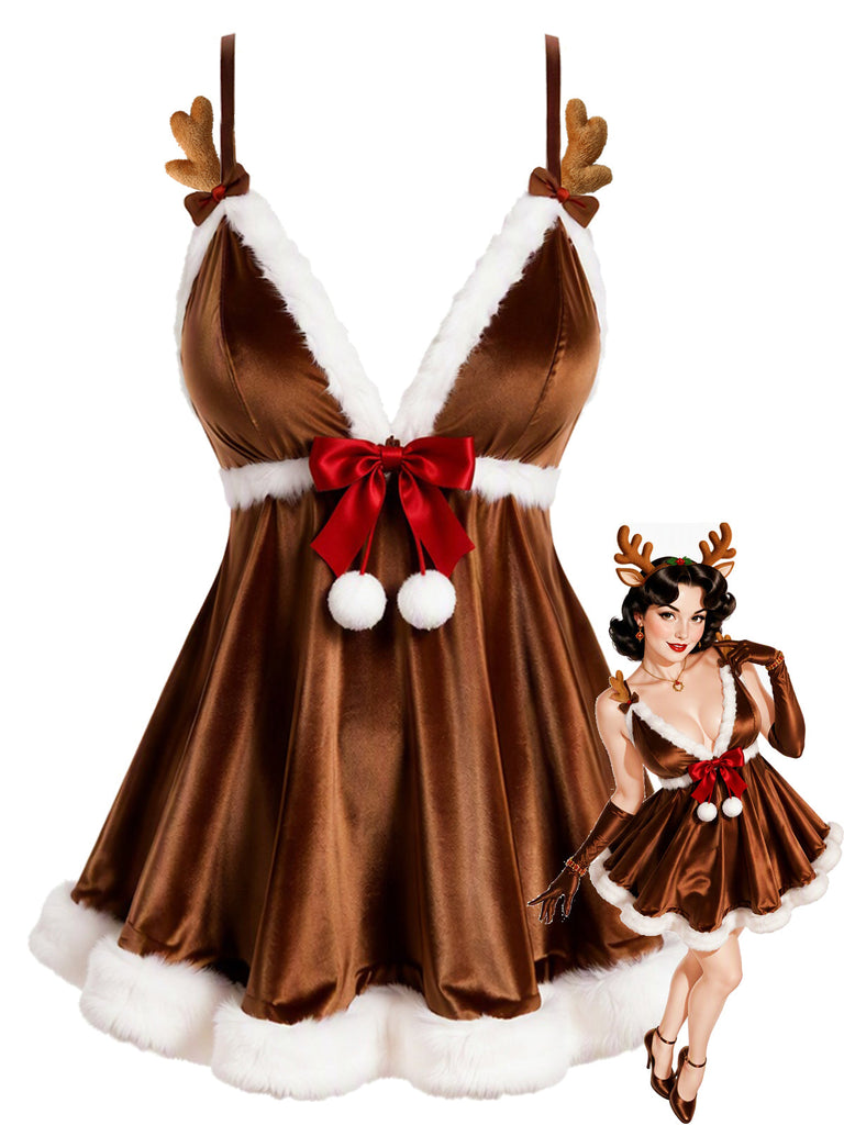 [Prévente] Nuisette de Noël Marron Clair en Velours à Nœud Années 1960 - 1