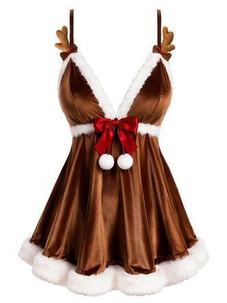 [Prévente] Nuisette de Noël Marron Clair en Velours à Nœud Années 1960 - 2