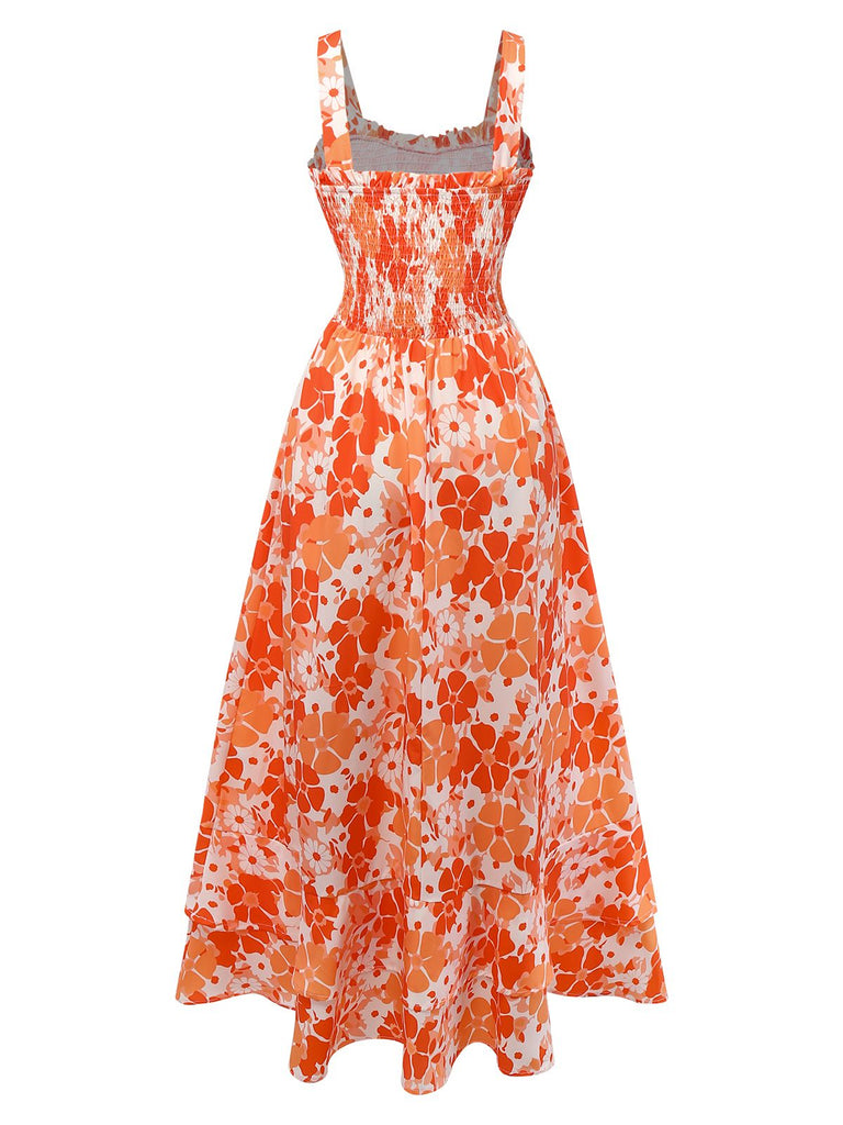 Orange and white floral patterned dress on a white background
