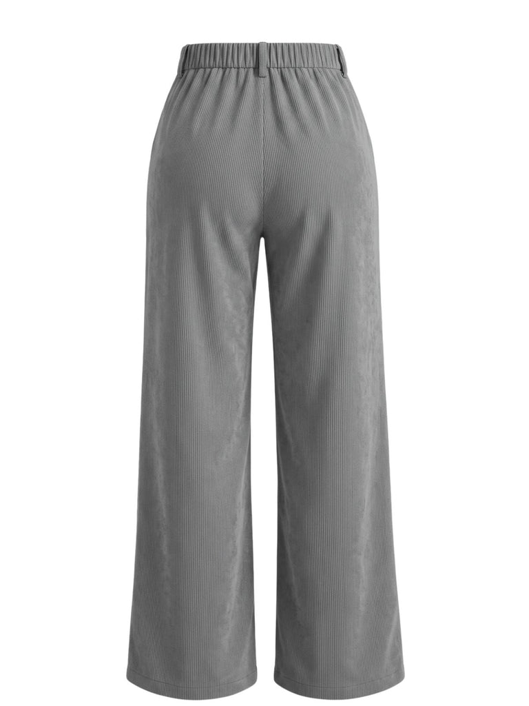 Pantalon Gris en Velours Côtelé à Jambes Larges et Poches Plaquées Années 1950 - 2