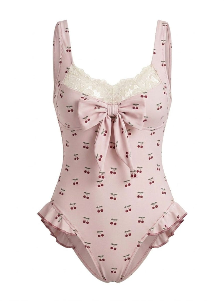 Maillot de bain une pièce rose en dentelle nœud cerise années 1950